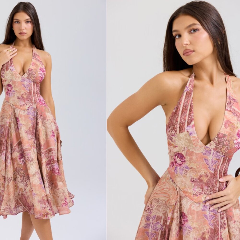 House of CB 'Solada' paisley patchwork print georgette halter sundress nwot - Picture 4 of 10